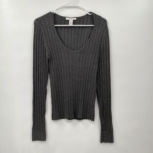 WHBM Women's L Long Sleeve Ribbed Top Gray Metallic V‎ Neck Casual Knitwear